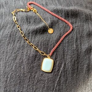 NWT Plunder 16” Gold and Pink Necklace with Blue Pendant with extender